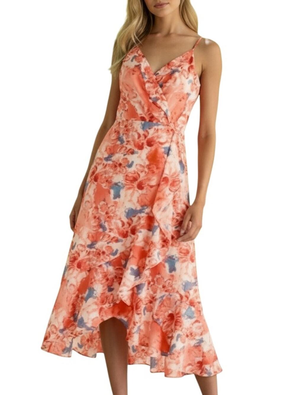 Chelsea 28 Dress Size S Ruffle Faux Wrap Colorful Orange Blue Floral Summer
